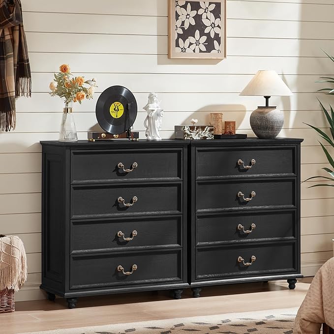 Farmhouse 4 Drawer Dresser for Bedroom, 37" Tall Rustic Chests of Drawers w/ 4 Solid Wood Feet, Mid Century Modern Wooden Closet Storage Dressers Organizer for Living Room, Hallway, Black