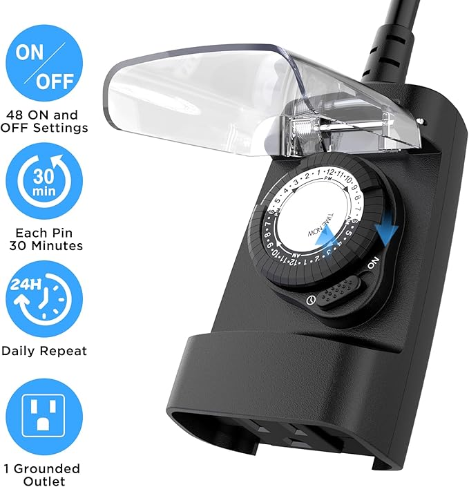 G-ELEK Outdoor Timer Outlet Waterproof, 24 Hour Outdoor Light Timer, Timers for Electrical Outlets, Ideal for Pool Pump, Christmas Lights, Heavy Duty, 1 Grounded, CSA Listed, 2 Pack