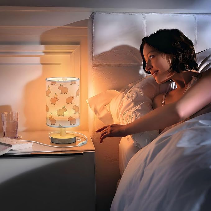 Aslsiy Cute Capybara Yellow Bedside Table Lamp Animal Nightstand Lamp Night Light Fabric Shade for Bedroom Living Room Home Office