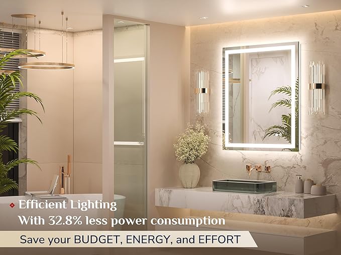 Keonjinn LED Bathroom Mirror 28 x 36 Inch, Frontlit & Backlit Vanity Mirror with 3 Color Lights, Lighted Mirror for Bathroom Wall with Anti-Fog, HD Tempered Glass, UL-Listed LED Driver, CRI90+