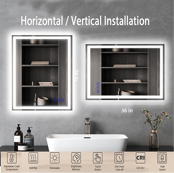 32x24 LED Bathroom Mirror with Lights LED Mirror for Bathroom Makeup Vanity Smart Mirror Lighted Front & Backlit,Stepless Dimmable Adjustable Brightness,Touch Switch,Shatterproof,Anti-Fog