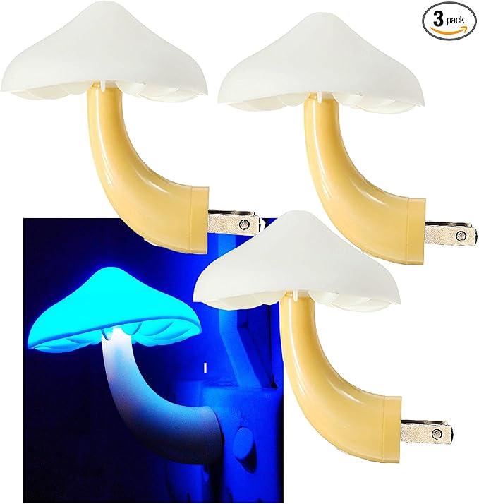 AUSAYE 3Pack Sensor LED Night Light Plug in Lamp Magic Mushroom Nightlight Cute Night Lights for Adults Kids Bedroom, Bathroom,Toilet,Hallway,Stairs,Kitchen Blue