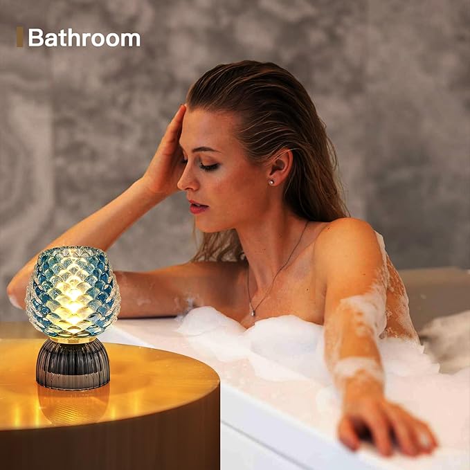 Battery Operated Lamp with Timer, Cute Small Cordless Glass Table Lamp for Home Decor, Kitchen, Bathroom, Birthday Gift for Women, Pinecone, Blue
