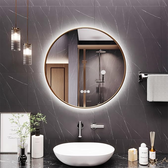 Round Bathroom Mirror with Lights, 32x32 Inch Vanity Mirror with Backlit, Anti-Fog, 3 Colors and Stepless Dimmable Wall Mounted Makeup Mirror with Metal Frame (Gold)