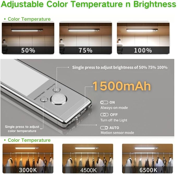 Motion Sensor Under Cabinet Lighting-Magnetic Rechargeable Closet Lights for Kitchen,Stairs,Wardrobe | 3-Color Dimmable LED Under Counter Lighting | Cord-Free Light Bars (9.5inch-4Pack)