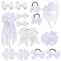 School Hair Accessories Set 14 Pcs Uniform Hair Bow Headband Clips Hair Ties Curly Korker Bows for Little Toddler School Girls (White)