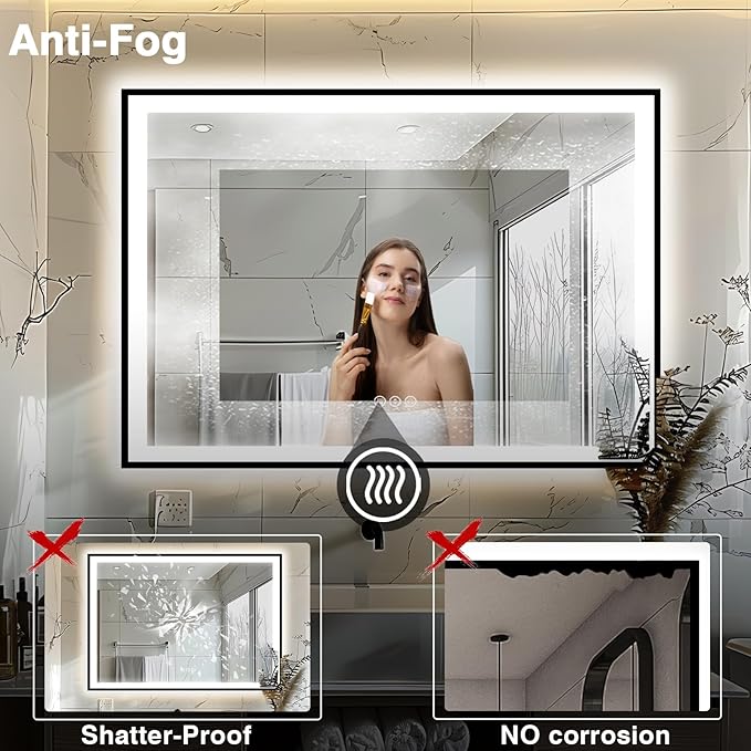 55x40 Bathroom Mirror with LED Lights - Black Framed, Front and Backlit Mirror, Anti-Fog LED Vanity Mirror, 3 Colors and Dimmable Mirror, Waterproof, Corrosion Proof (Horizontal/Vertical)