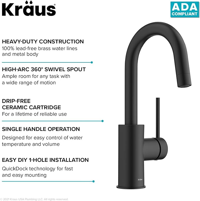 KRAUS Oletto Single Handle Kitchen Bar Faucet with QuickDock Top Mount Installation Assembly in Matte Black, KPF-2600MB