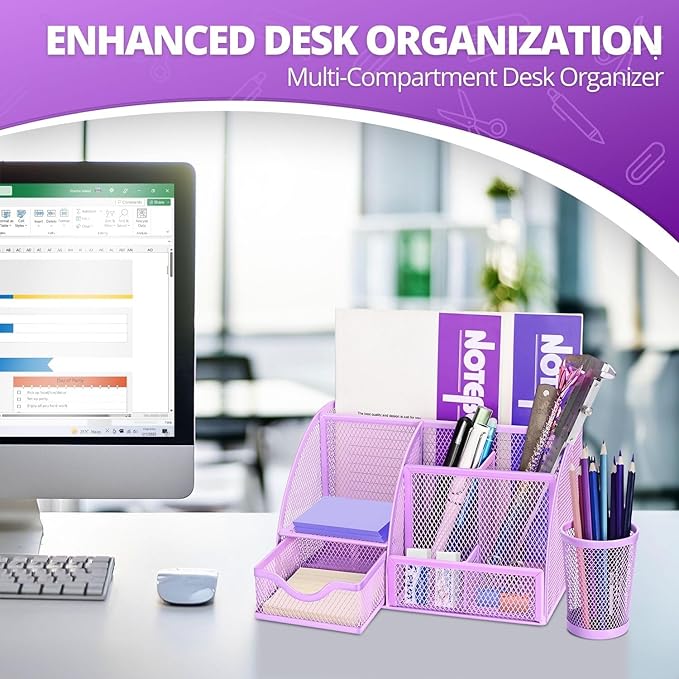 Flexzion Desk Caddy Organizer Set (Purple) - Metal Mesh Desktop Caddy with Drawers, 6 Compartments, and Pencil Holder for Women & Men - Desktop Organizer and Storage for Work or Office Supplies