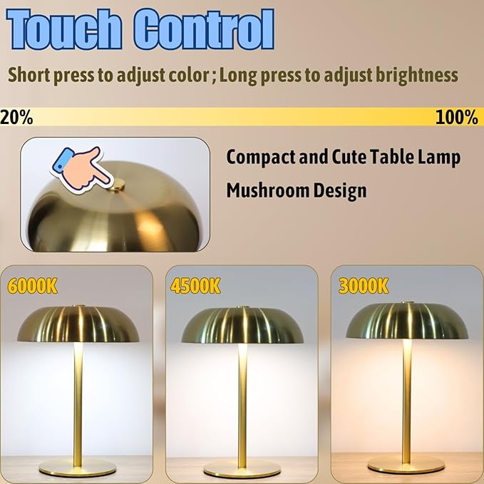 Portable LED Mushroom Table Lamp, 8.46'' Metal Small Cordless Desk Night Light with 5200mAh Rechargeable Battery, Stepless Dimming Lamp with 3 Colors for Bedroom/Bar/Coffee Shop (Gold)