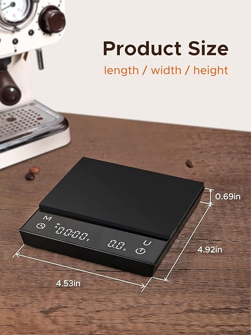Metal Coffee Scale with Auto Timing, Rechargeable Espresso Scale with Timer, Ratios & Flow Rate Display, 3 Brew Modes, Barista-Grade for Pour-Over, Espresso, French Press – 2kg/0.1g, Black