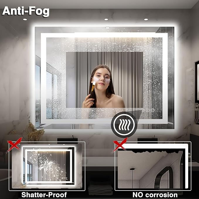 48"x40" LED Lighted Bathroom Mirror with Front Light and Backlit, Anti-Fog Bathroom Mirror with Lights, Stepless Dimmable LED Mirror, 3 Colors Smart Mirror (Horizontal/Vertical)
