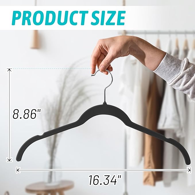 Premium Velvet Hangers 50 Pack - Space-Saving Closet Organizer for Clothes, Non-Slip Flocked Design, Ideal for Shirts and Coats (Black)