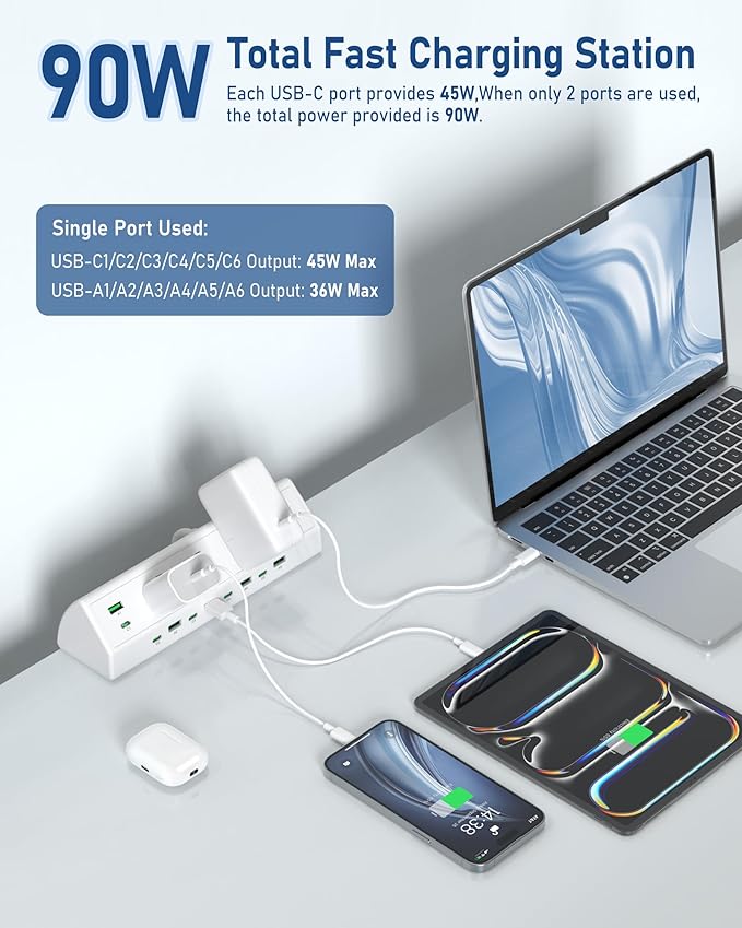 Jgstkcity 90W Desk Clamp Power Strip,12 USB Ports (6 PD 45W USB-C),Surge Protector,ETL Listed Power Hub Extension Cord,Fast Charging Station for Home Office Desk Edge Mount (White, 12 USB-90W)