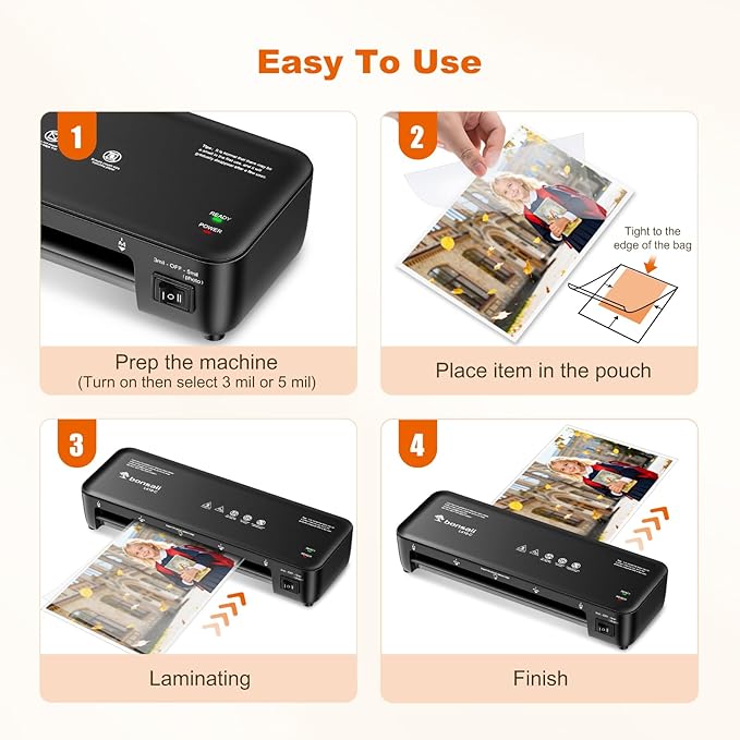 Bonsaii Laminator, 9 Inch Thermal Laminator Machine with Never Jam Technology for Doc/Posters/Photo, Personal Laminating Machine Simple Convenient for Home, Office and School Black