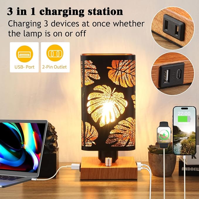 Industrial Table Lamp with USB Ports and Outlet, Rustic Dimmable Bedside lamp with Charging Station, Metal Square Shadow Nightstand Lamp, Night Light for Kids Bedroom Living Room End Tables