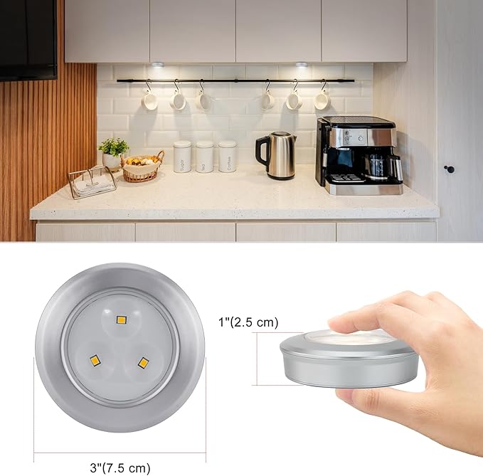 Wireless LED Puck Lights, Touch Activated Tap Ligh Push Light,Battery Operated Stick On Lights for Under Cabinet, Kitchen, Closet & Counters, 6-Pack,Silver (3 AAA Batteries Included)