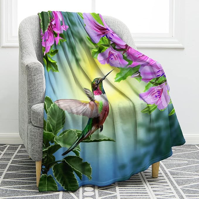 Jekeno Hummingbird Floral Blanket Gifts for Women Kids Girls Pink Flowers Bird Home Bedroom Decor Soft Cozy Lightweight Plush Throw Blanket 60"x80"