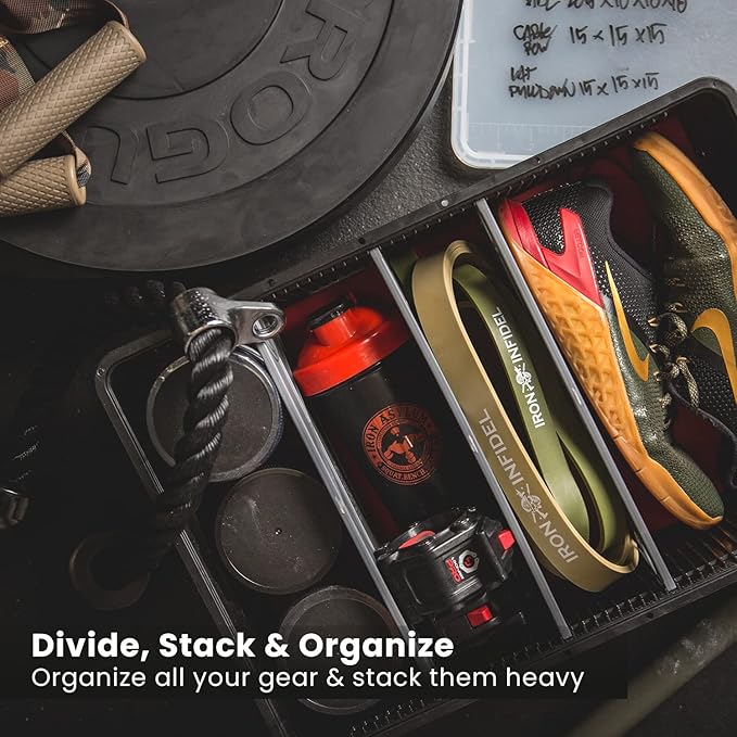 SIDIO CRATE Starter Pack - Two Full Size and One Half Size Heavy Duty Stackable Storage Bins with Lids & Dividers - Durable Organizer for Home, Office, Garage, and Outdoor Use - Stealth Variety Pack