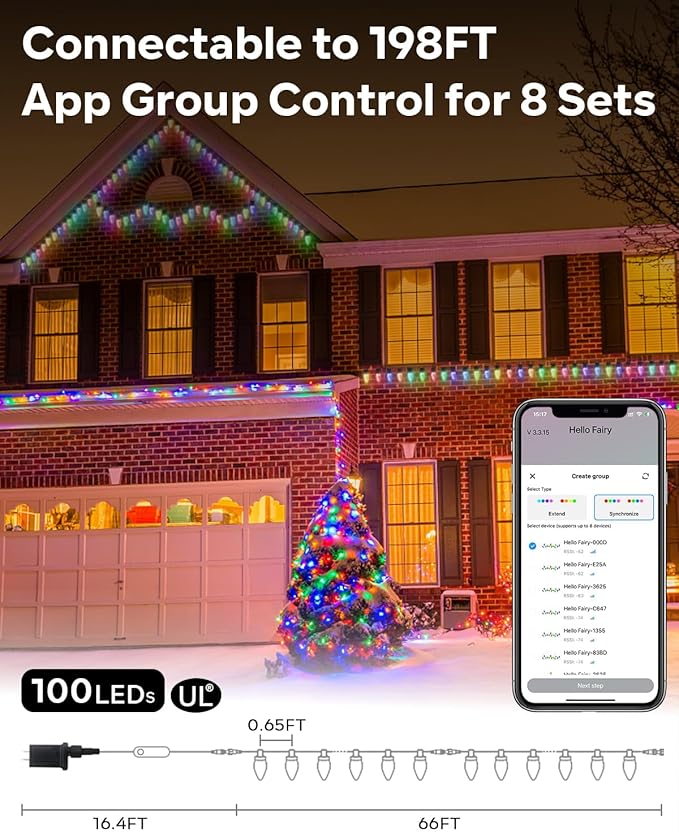 Patriotic Decorations - Smart C9 Christmas Lights Outdoor RGB, 66Ft 100 LEDs Dynamic 4th of July Decorations DIY Chasing Effects APP Remote Controlled, Waterproof, Music Sync Lights for Roofline Fence