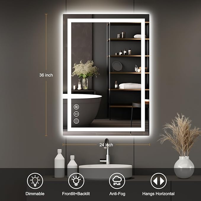 24x36 LED Bathroom Mirror with Lights, Anti Fog Vanity Mirror Wall Mounted, Dimmable Front Light and Backlight, Memory Function Tempered Glass, Shatter Proof ETL Listed
