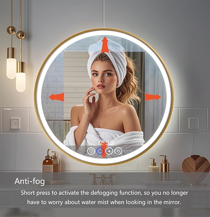 Wall-Mounted Round Bathroom Mirror with LED-Lights - Frame Vanity Mirrors (32" x 32", Gold)