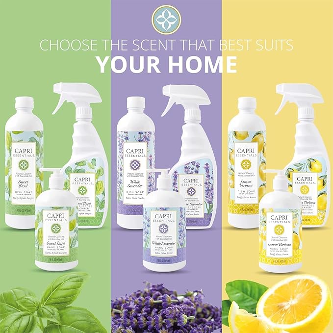 CAPRI ESSENTIALS All Purpose Cleaner, Natural Household Cleaning Supplies, Plant Based Kitchen Counter Surface Spray, Removes Dirt & Grime, Blend of Essential Oils, White Lavender, 23 FL Oz (2 Pack)