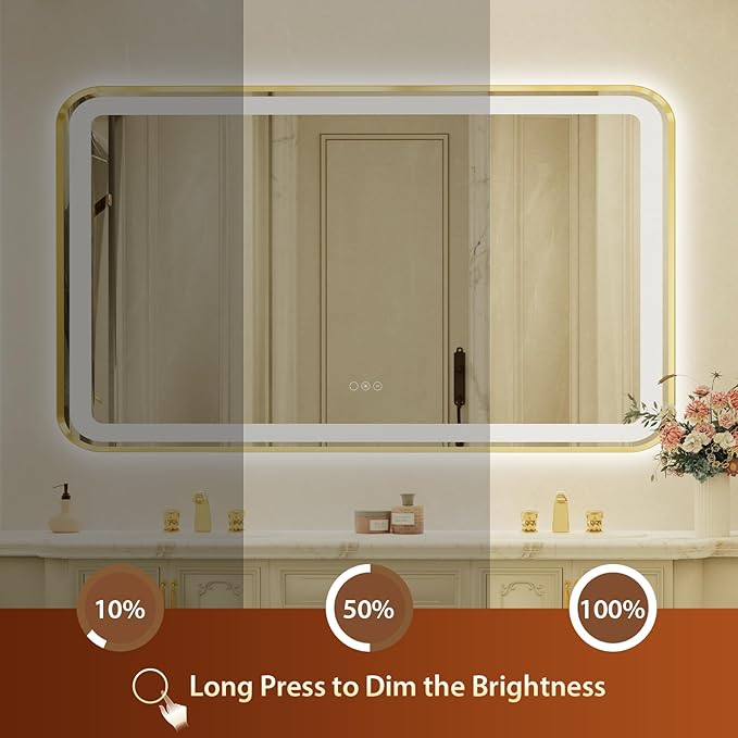 32x55 Inch LED Bathroom Mirror with Gold Frame,Front and Backlit Vanity Mirror,Tempered Glass,Stepless Dimmable Wall Mirrors with Anti-Fog, 3 Colors, Memory, Waterproof, LED Smart Bathroom Mirror