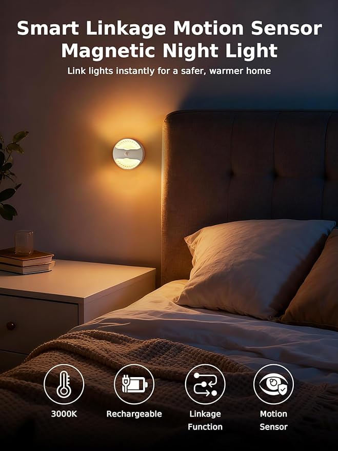 Smiling Shark BR168 Linkage Motion Sensor Night Light LED Smart Linked PIR & Light Sensing, Rechargeable Magnetic Stick-On Connected Smart Warm Night Step Lights for Bedroom Hallway Stairs, 2 Pack