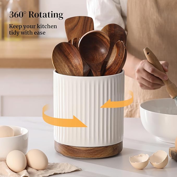 DOWAN 360° Rotating Extra Large Cooking Utensil Holder, 7.6" Kitchen Utensil Holder for Countertop, Utensil Crock for Farmhouse Kitchen Decor, Ceramic Stable Utensil Caddy, White Stripes