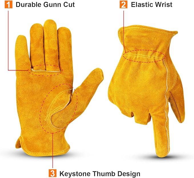 OZERO Leather Work Gloves Flex Grip Tough Cowhide Gardening Glove for Men and Women (Medium, Gold With Mesh Linning)