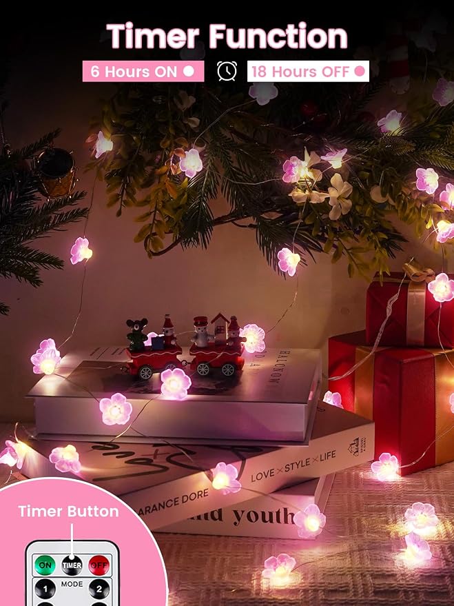 Cherry Blossom Flower String Lights for Bedroom, Pink Fairy Lights Battery Operated with Remote & 8 Modes & Timer, 10ft 30 LED Waterproof String Light Indoor Outdoor for Wedding Home Christmas Decor