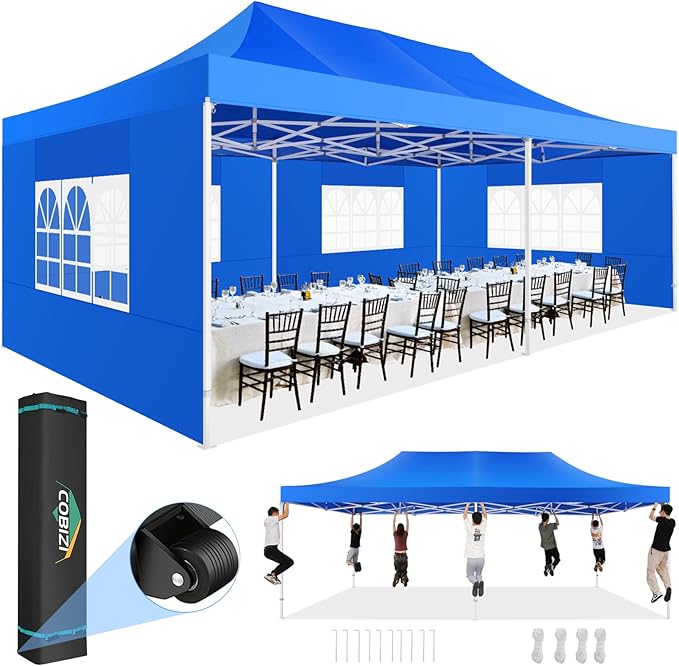 COBIZI 13x26 Pop up Canopy Heavy Duty with 6 Sidewalls, Easy Set-up Commercial Outdoor Party Canopy, 100% Waterproof Wedding Gazebo, 2 Height Adjustable with Wheeled Bag,Blue