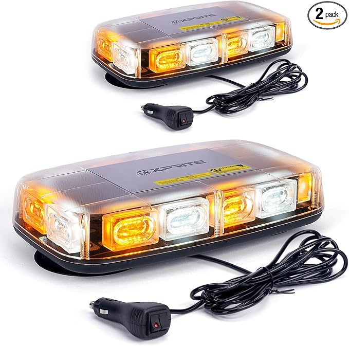 Xprite 2PCS Upgraded 12" 72LED Rooftop Mini Strobe Lights, Emergency Safety Flashing Beacon Light Bar with Magnetic Base for 12V-24V Construction Vehicles,Trucks,Snow Plow,Postal Car (Mix White/Amber)
