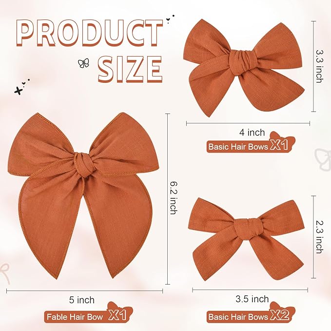 DEEKA 4 PCS Burnt Orange Cotton Linen Hair Bows 3 Styles 5" & 4" Handmade Hair Bow set for Toddler Girls Alligator Hair Clips Knot Bows Hair Accessories for Little School Girls (Burnt Orange)