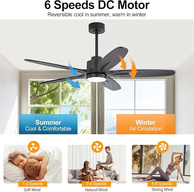 WINGBO 54" Ceiling Fan with Light - 5 Carved Solid Wood Blades, 6-Speed Reversible DC Motor, Dimmable, 3CCT, Noiseless Remote Control Ceiling Fans with Lights for Bedroom Living Room, Matte Black
