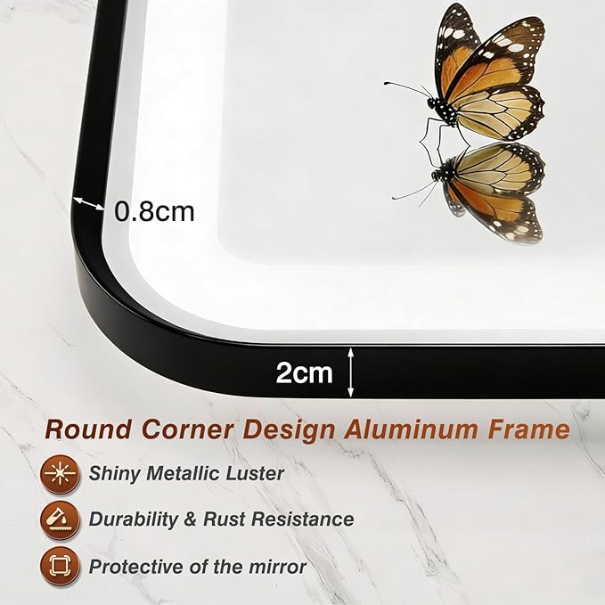 36x48 Inch LED Bathroom Mirror with Black Frame,Front and Backlit Vanity Mirror, Stepless Dimmable Wall Mirrors with Anti-Fog, 3 Colors, Memory, Waterproof, LED Smart Bathroom Mirror