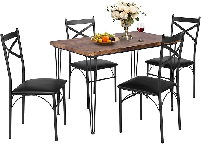 VECELO Dining Table Set for 4, Kitchen Table Set with 4 Chairs for Small Space, Space-Saving and Modern Design, Apartment, Easy to Assemble,Classic Brown