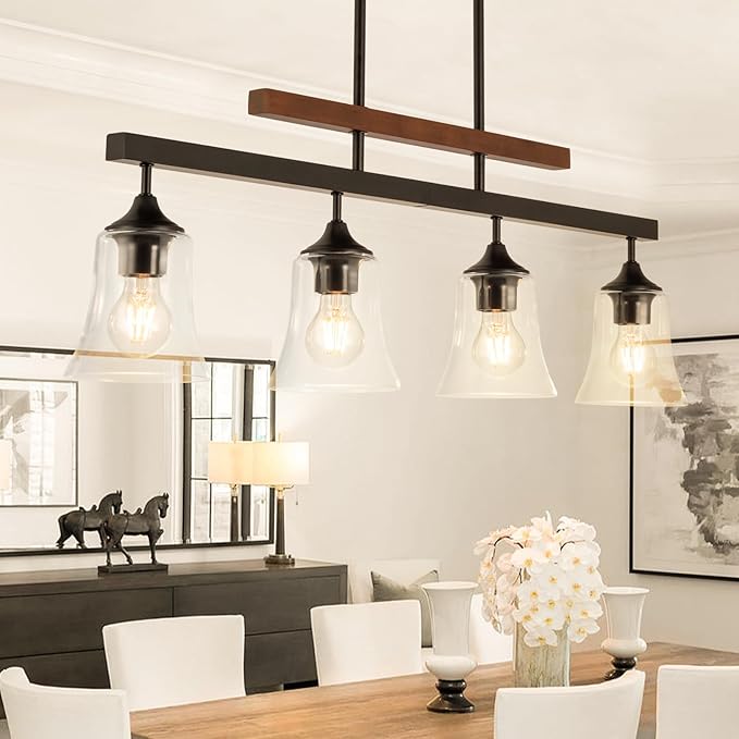 Dining Room Light Fixture 4-Light Kitchen Island Lighting Farmhouse Chandeliers for Dining Room Over Table Wood Chandelier with Glass Black Metal Pendant Light for Kitchen Island Lights