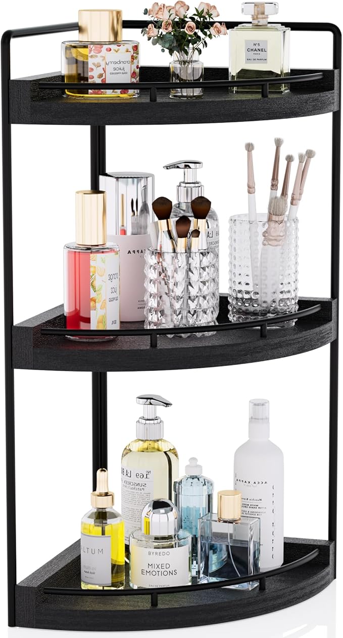 Corner Bathroom Counter Organizer, 3 Tier Bathroom Sink Shelf Countertop, Wood Vanity Skincare Storage for Toiletries Decor, Makeup, Dresser(Black)