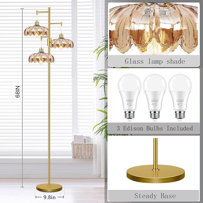Dimmable Floor Lamp for Living Room Bedroom-3 Light Gold Floor Lamp with Glass Lampshape, Flower Tall Lamp Mid Century Modern Standing Lamp Glass Tree Floor Lamps for Living Room Bedroom,Corner