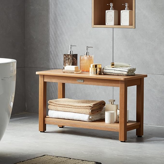 30'' Large Shower Bench Seat, Poly Lumber Bath Stool for Inside Shower Waterproof, HDPS Bathroom Chair for Shaving Legs with Adjustable Feet, Non-Slip & No Maintenance, Brown (30 x 13 Inches)