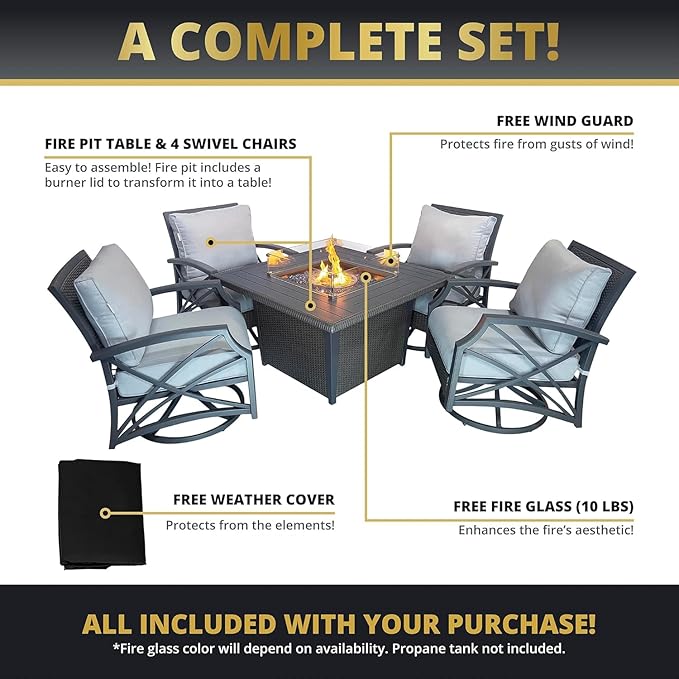 Ethan Rattan 5-Piece Patio Furniture Set with Fire Pit Table, 42-Inch Fire Outdoor Propane Pit Dining Table Conversation Set, 50,000 BTU, Includes 4 Sofa Swivel Chairs (Grey Grey)