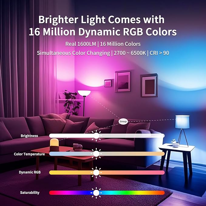 Smart Light Bulbs, 1600LM Smart Bulb Works with Alexa Google Assistant, 13W 100W Equivalent RGBCW Color Changing Music Sync, Bluetooth 2.4GHz Wi-Fi 2700-6500K E26 A21 LED Light Bulbs 2 Packs