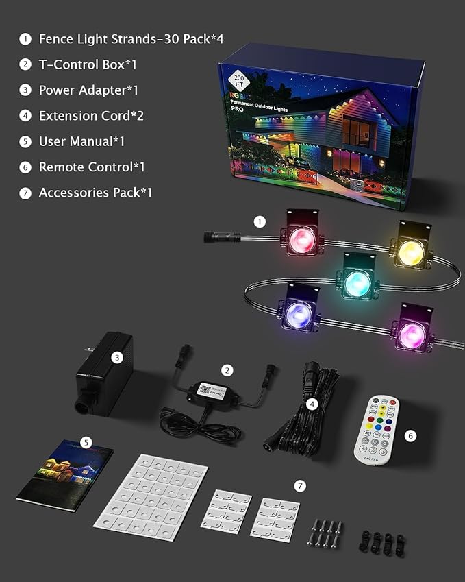 Permanent Outdoor Lights Pro,200ft with 120 LED RGB IC Smart Eave Light for Outdoor Decorations,IP67 Waterproof with Remote/App Control,DIY LED Scenes Modes for House Roof Decor, Black