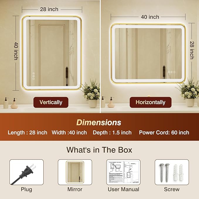 28x40 Inch Gold Framed LED Bathroom Mirror with Lights, Built-in Bluetooth Speaker,Tempered Glass,Dimmable Lighted Bathroom Vanity Mirror with 3 Colors, Backlit + Frontlit, Memory, Anti-Fog