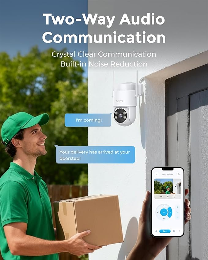 Devo Solar Security Camera Wireless Outdoor, 2.3K HD 360° PTZ Color Night Vision, AI/PIR Human Detection, 2-Way Audio, Solar & Battery Powered, WiFi 6, IP66 Waterproof, Triple Alert System