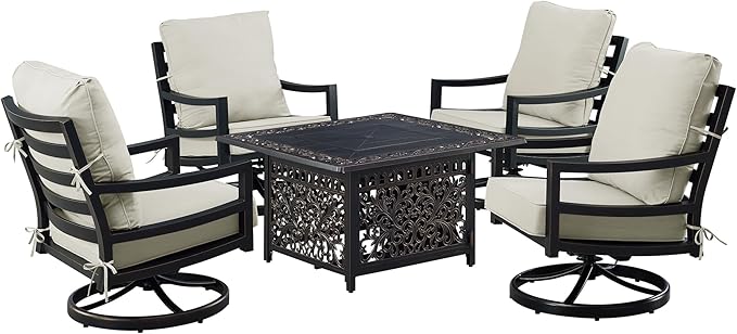 Oakland Living Black Aluminum Patio Fire Table Set with Four Club Chairs with Light Grey Cushions