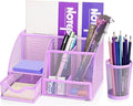 Flexzion Desk Caddy Organizer Set (Purple) - Metal Mesh Desktop Caddy with Drawers, 6 Compartments, and Pencil Holder for Women & Men - Desktop Organizer and Storage for Work or Office Supplies