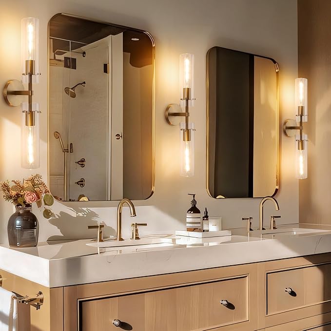 Brass Gold 2-Light Knurled Wall Sconce, Dual-Head Vanity Lamp Set of Two with Clear Glass Tube, Bathroom Wall Sconces, Wall Lights for Living Room Bedroom Hallway Kitchen Bathroom Mirror